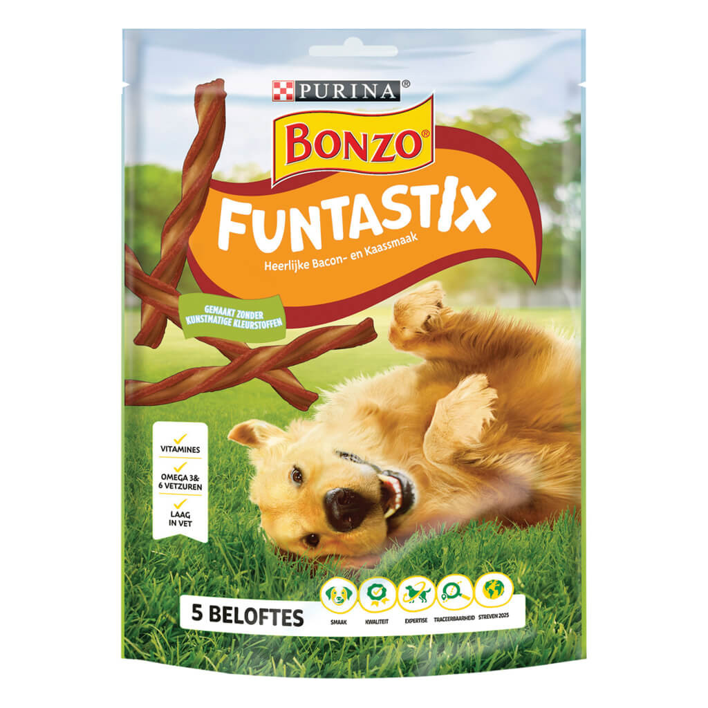 Purina Bonzo Friskies Funtastix med smag af bacon og ost hundesnack