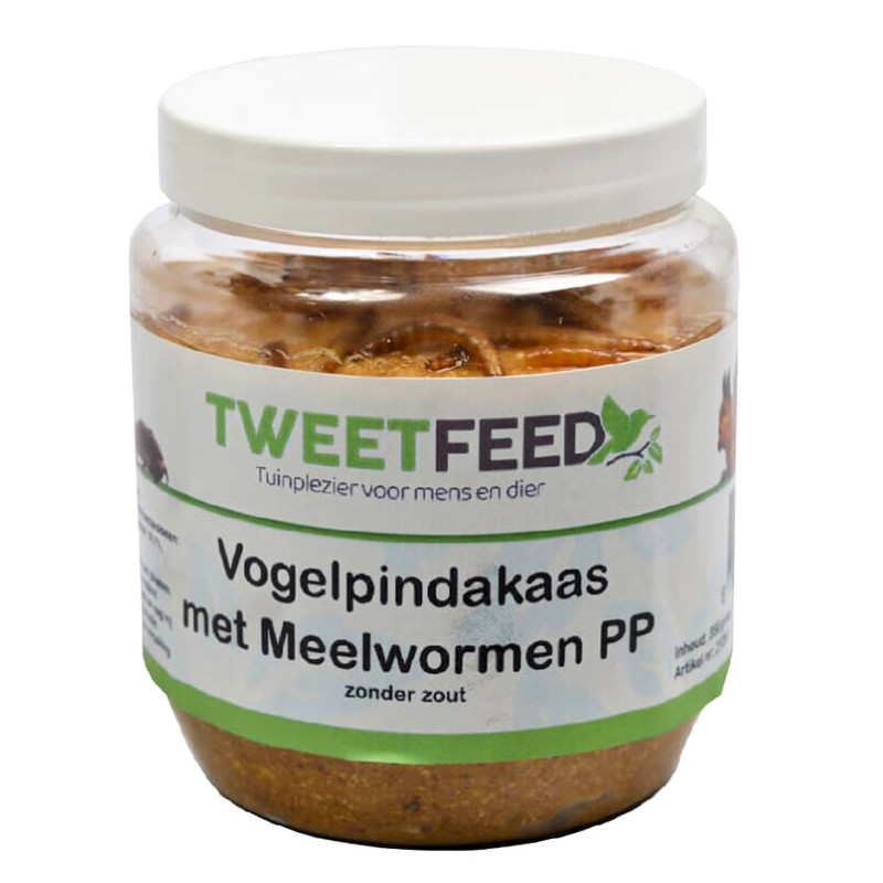 Pindakaas met meelwormen voor tuinvogels