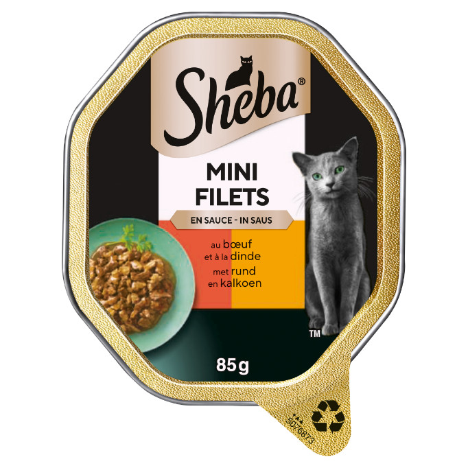 Sheba Mini Filets med oksekød og kalkun i sovs vådfoder til katte (bakker 85 g)