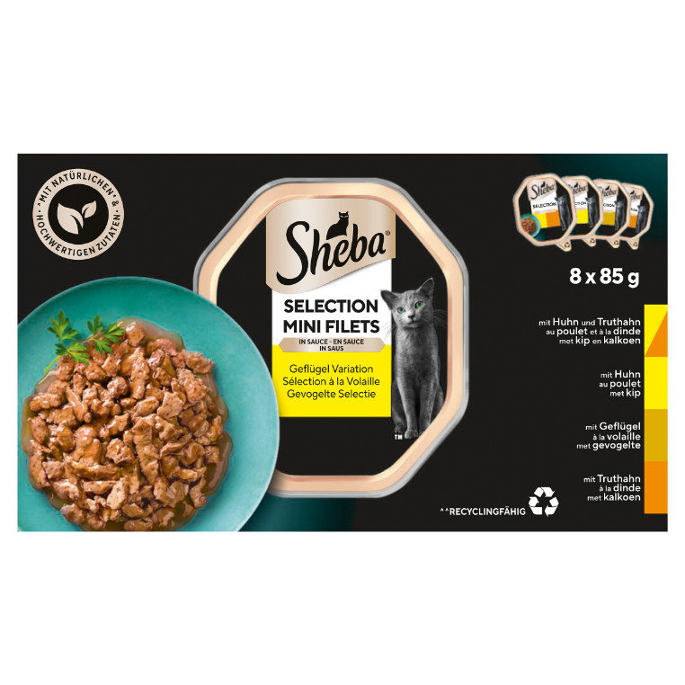 Sheba Mini Filets Poultry Selection (fjerkræ) i sovs vådfoder til katte (bakker 85g)