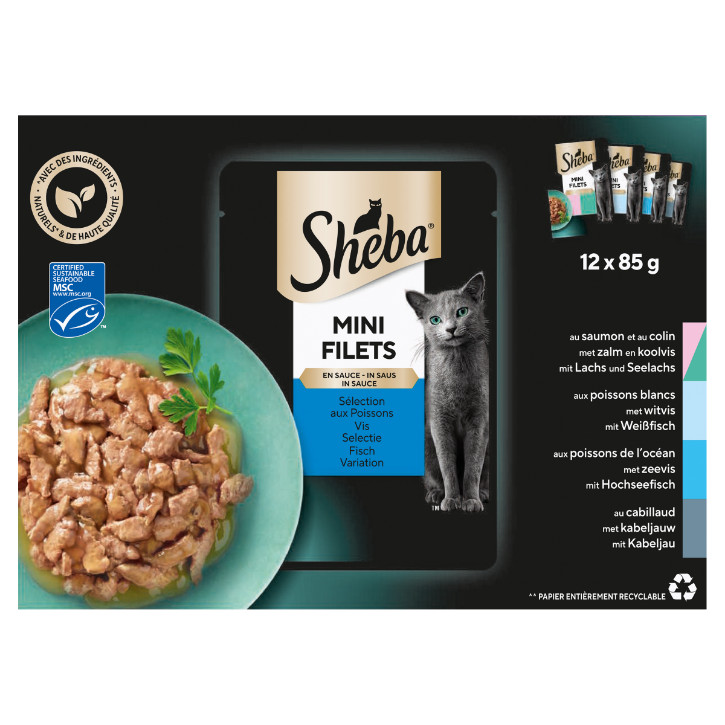 Sheba Mini Filets Fish Selection i sovs vådfoder til katte (poser 85 g)