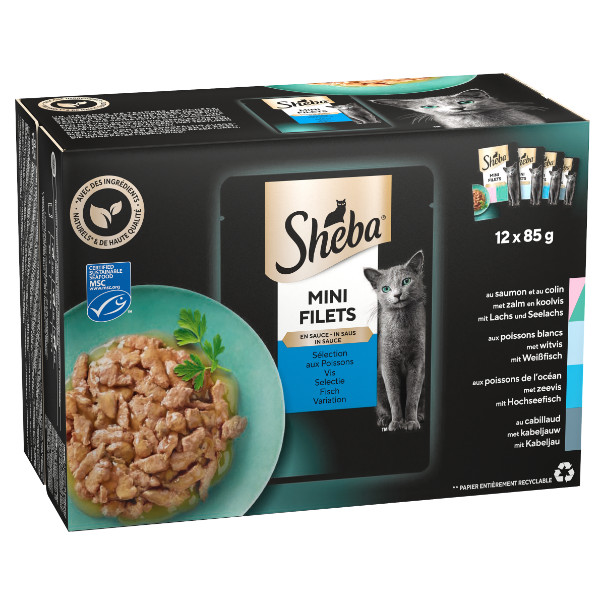 Sheba Mini Filets Fish Selection i sovs vådfoder til katte (poser 85 g)